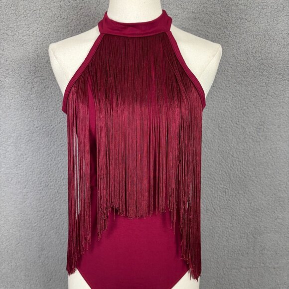 Verdusa Sleeveless Burgundy Fringe Bodysuit Halter Neck Size Small NWT's - Picture 2 of 8